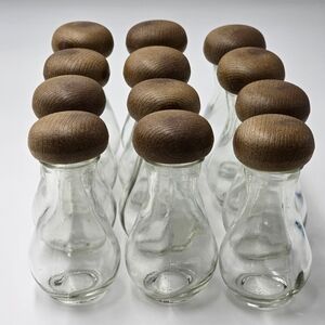 VTG  Set 12 Glass Jar Spice Bottles Mushroom Shape Wood Looking Lids 70's MCM